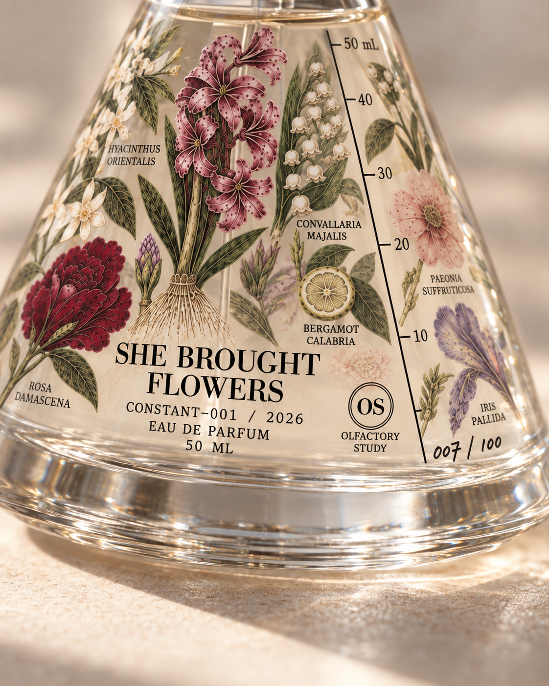 Close detail of the botanical bottle artwork and numbered edition